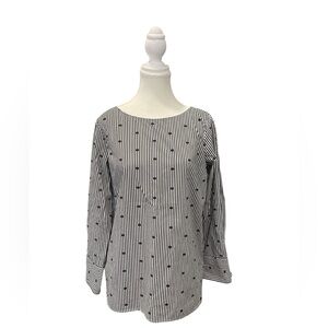 Talbots Black White Women’s Striped Polka Dot Side Zip Round Neck Cotton Blouse